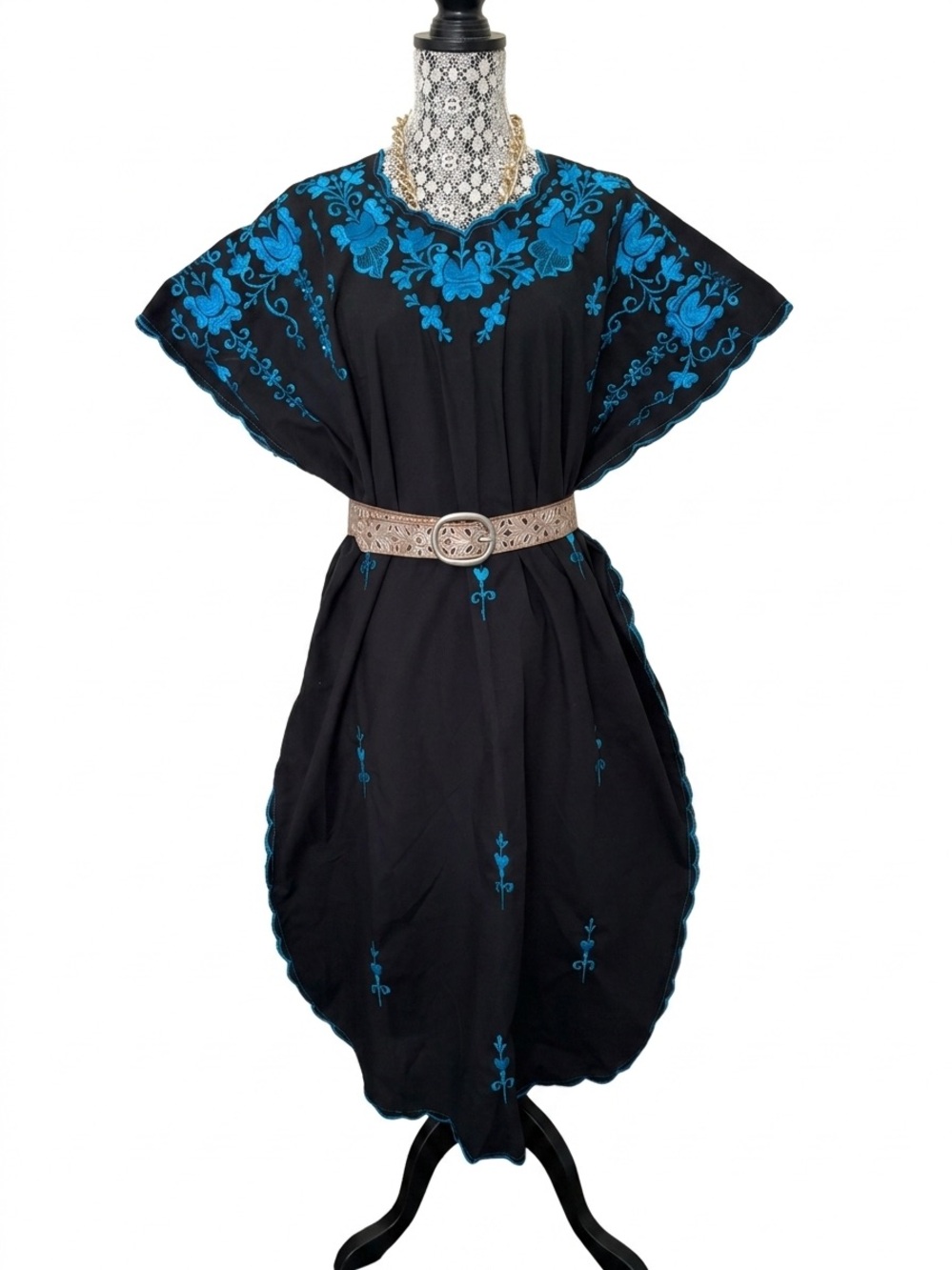 Black Dress with Blue Floral Embroidery